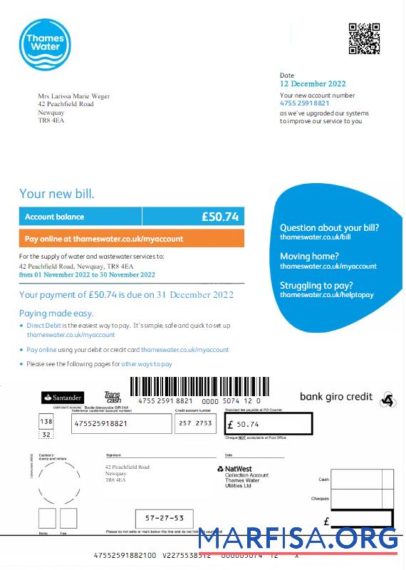 Printable UNITED KINGDOM THAMES WATER utility bill Word and PDF template